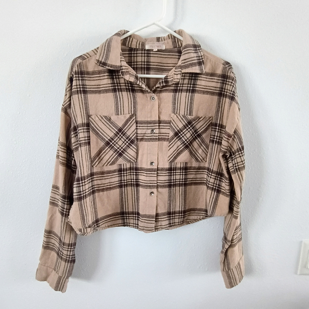 Stella Tweed Cropped Plaid Flannel Shirt Beige Brown Womens Small Fall Trendy